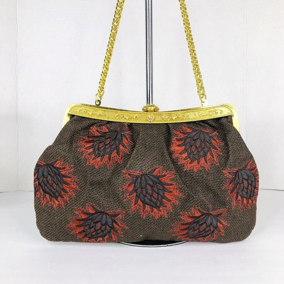 LouLou de la Falaise Brown and Red Embroidered Gold Frame Clutch Purse Bag - Picture 2 of 11